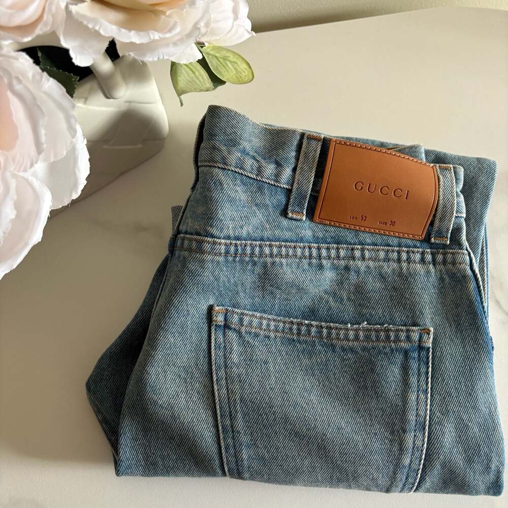 Gucci Light Wash Web Stripe Cuffed Denim Jeans Size 30